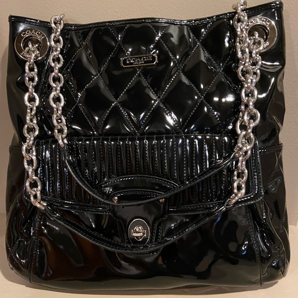 Coach Black Quilted Patent Shoulder Bag with Silver Chain Straps